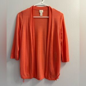 Chico's Coral Orange Open Front Cardigan Size 0 S Ruched 3/4 Sleeve Rayon Blend